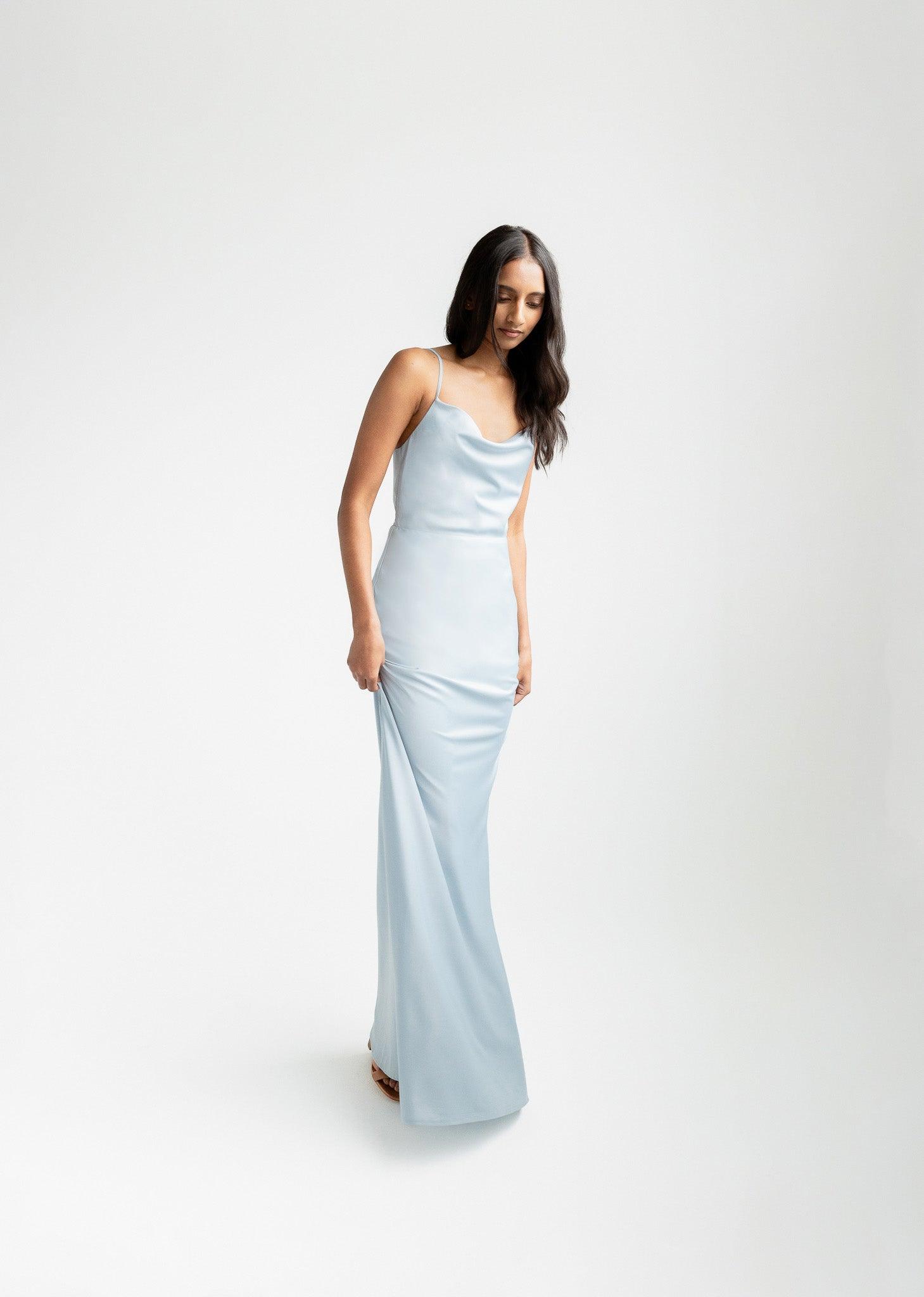 Blue Cowl Neck Bridesmaid Dresses