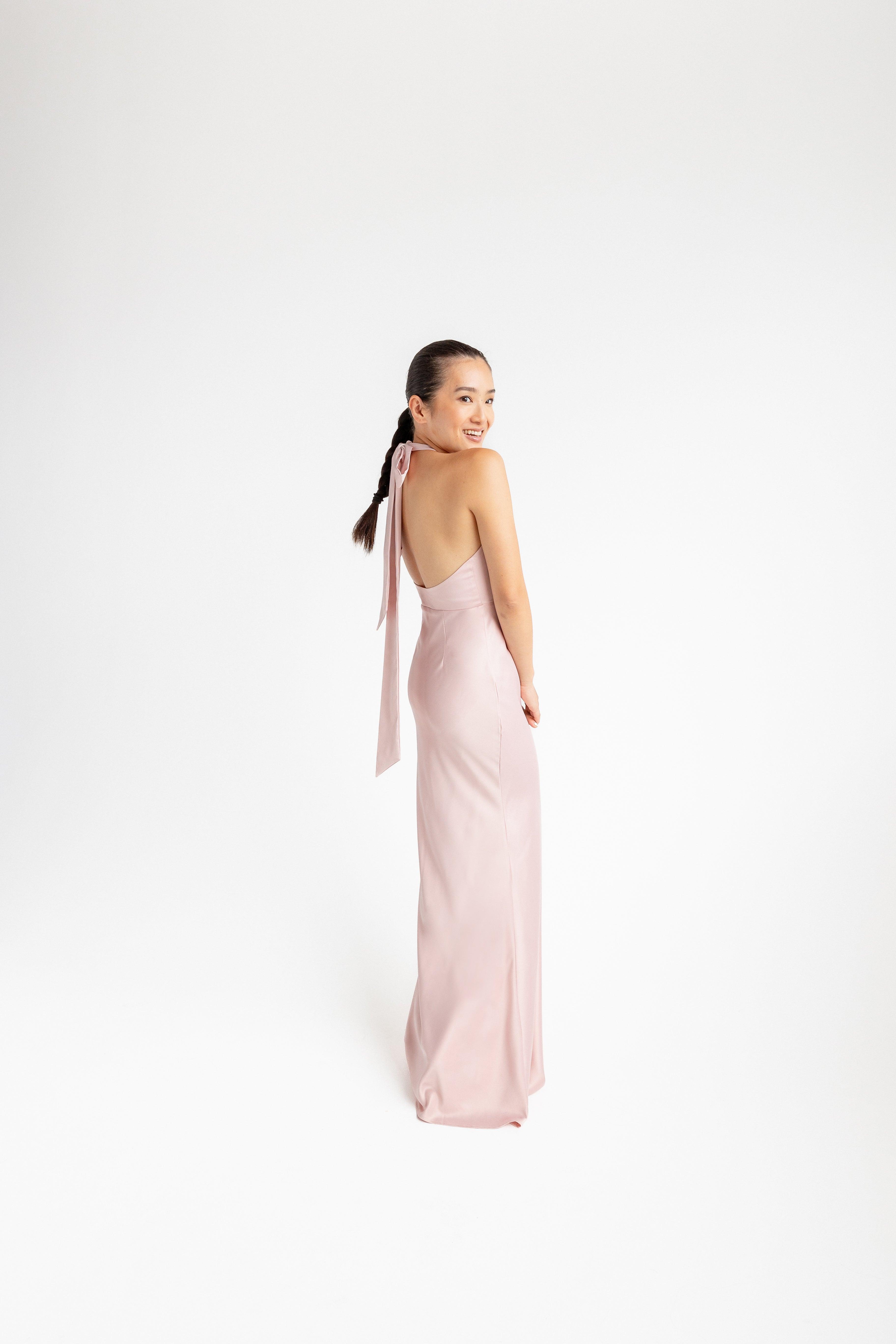 blush pink halter neck bridesmaid dress Leely Women Light Pink Satin Long Bridesmaid Dress Halter Neck Backless Wedding Guest Dress